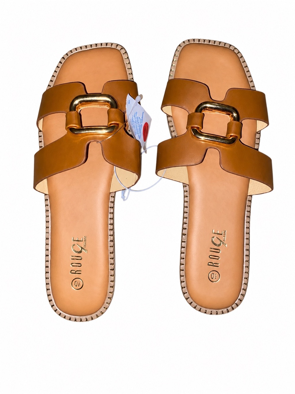 Rouge Helium Leather Slide Sandals in Tan with Gold Buckle Women’s Size 10